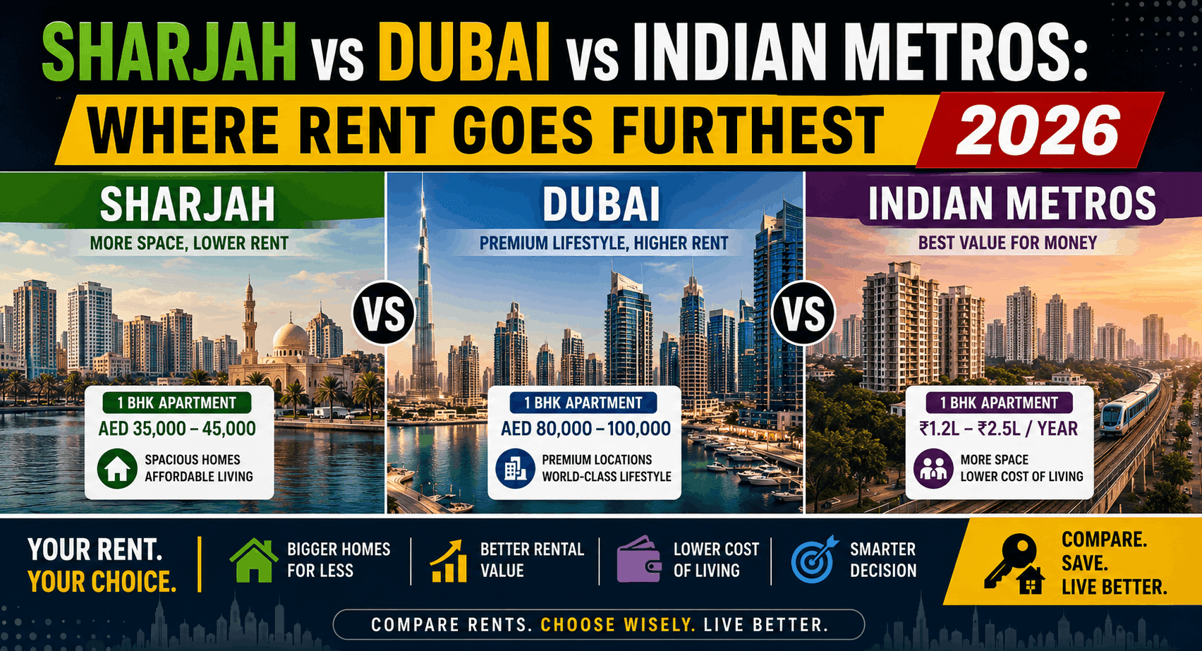 Sharjah vs Dubai vs Indian Metros: Where Rent Goes Furthest 2026
