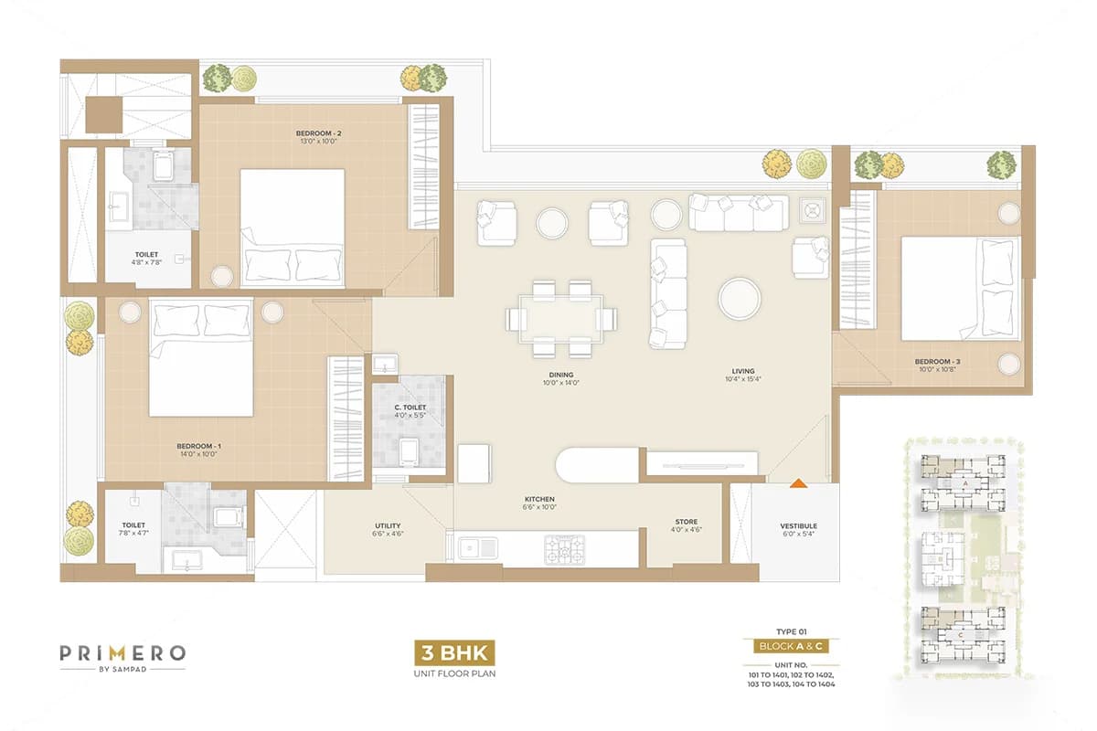 Floor Plan 3 - 3 BHK Apartment in Sampad Primero, Motera, Ahmedabad