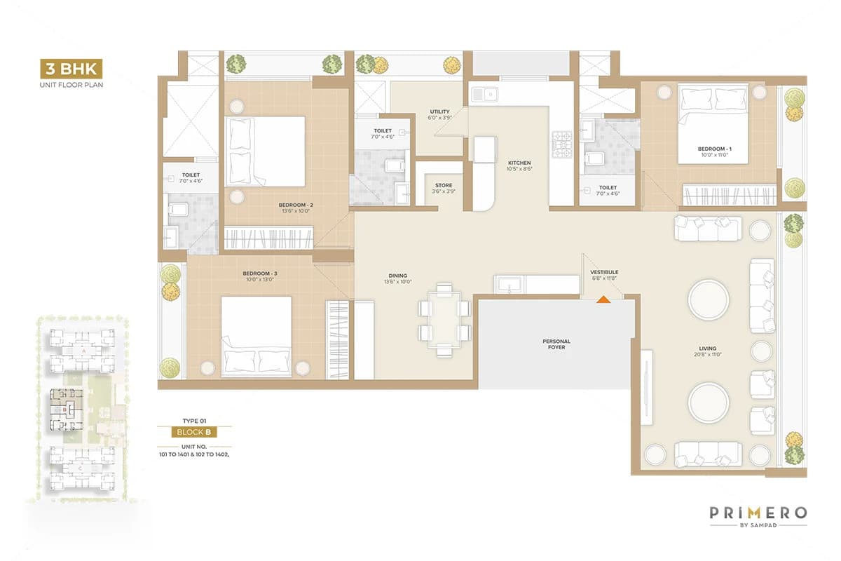 Floor Plan 4 - 3 BHK Apartment in Sampad Primero, Motera, Ahmedabad