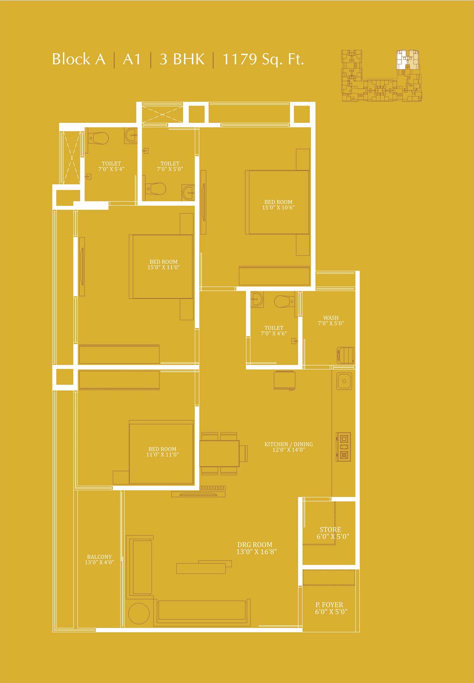 Floor Plan 1 - 3 BHK Apartment in Dev Aashish Pride Plus, Hanspura, Ahmedabad