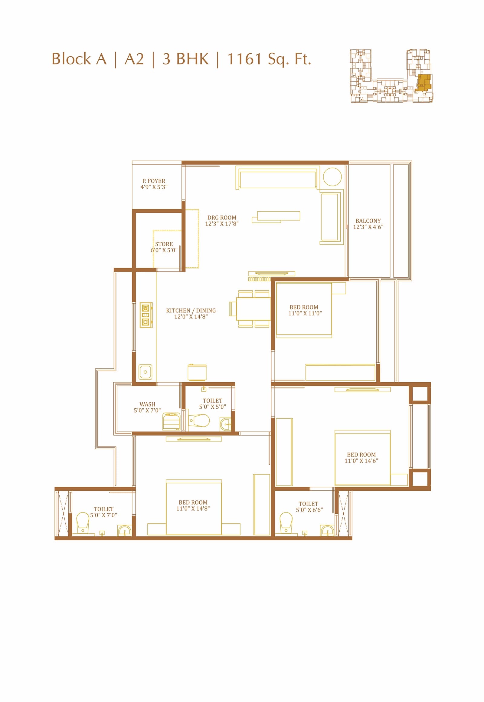 Floor Plan 2 - 3 BHK Apartment in Dev Aashish Pride Plus, Hanspura, Ahmedabad