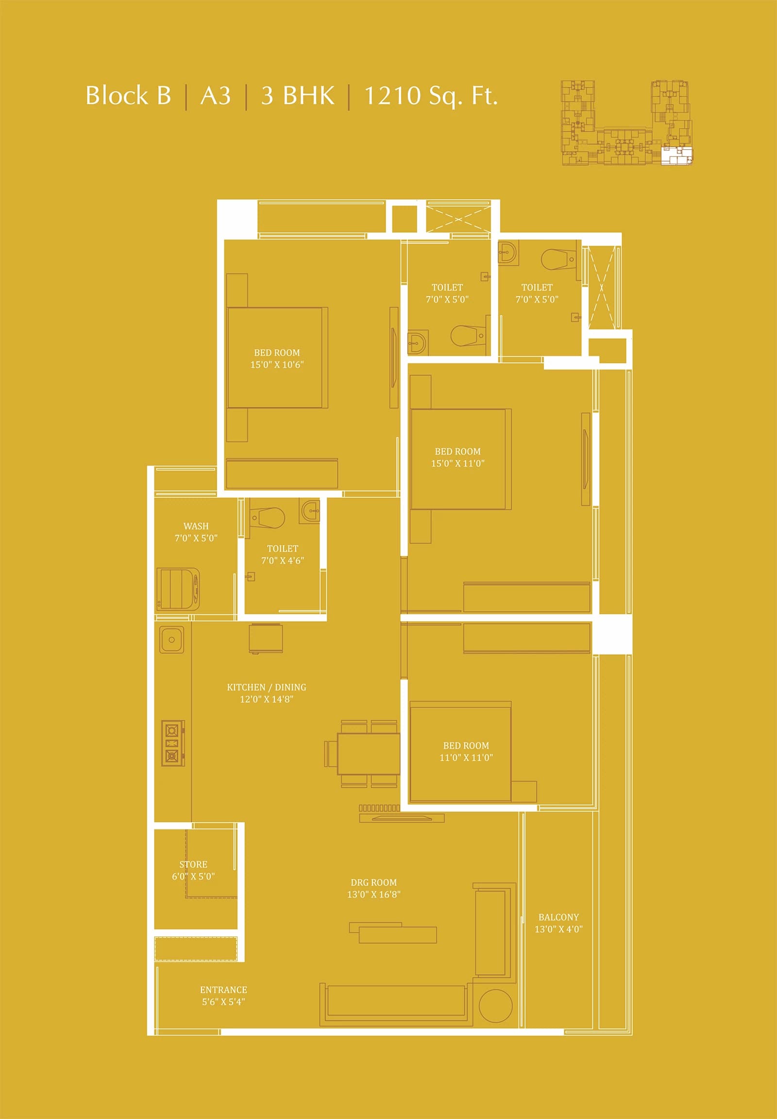 Floor Plan 3 - 3 BHK Apartment in Dev Aashish Pride Plus, Hanspura, Ahmedabad